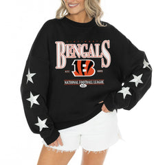 Gameday Couture Women's Rhinestone Star Sleeve Settle the Score Oversized Tri-Blend Pullover - Cincinnati Bengals Pullover