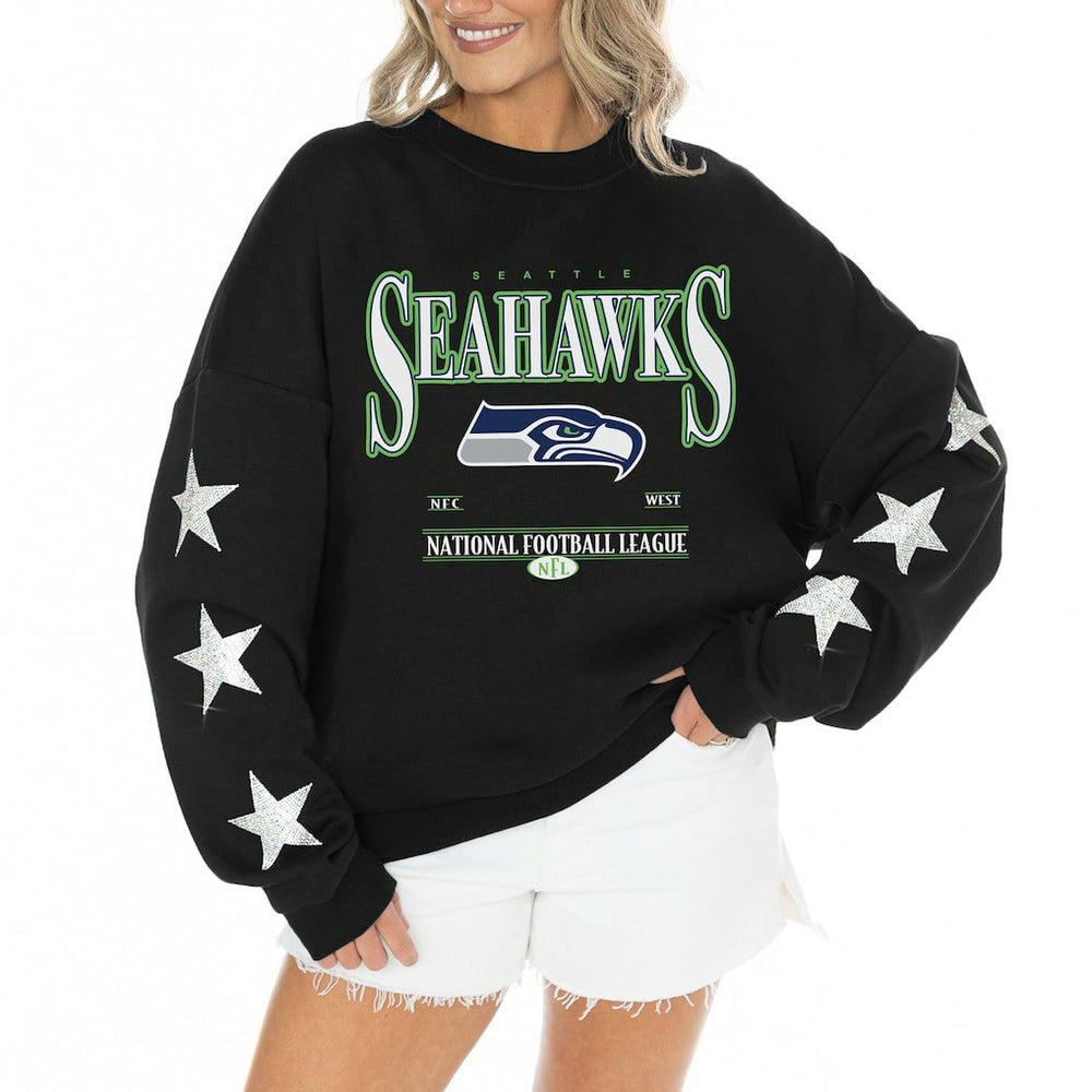 Gameday Couture Women's Rhinestone Star Sleeve Settle the Score Oversized Tri-Blend Pullover - Seattle Seahawks Pullover