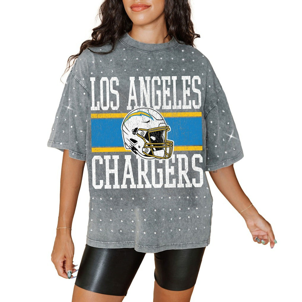 Gameday Couture Women's Oversized Mini Rhinestone Classic T-Shirt - Los Angeles Chargers T-shirts
