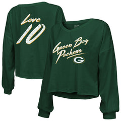 Jordan Love Majestic Threads Women's Name & Number Off-Shoulder Script Cropped Long Sleeve Relaxed V-Neck T-Shirt - Green Bay Packers T-shirts
