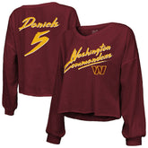 Jayden Daniels Majestic Threads Women's Name & Number Off-Shoulder Script Cropped Long Sleeve Relaxed V-Neck T-Shirt - Washington Commanders T-shirts