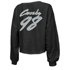 Maxx Crosby Majestic Threads Women's Name & Number Off-Shoulder Script Cropped Long Sleeve Relaxed V-Neck T-Shirt - Las Vegas Raiders T-shirts