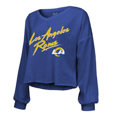 Puka Nacua Majestic Threads Women's Off-Shoulder Script Player Name & Number Cropped Long Sleeve V-Neck T-Shirt - Los Angeles Rams T-shirts