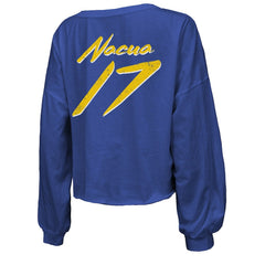 Puka Nacua Majestic Threads Women's Off-Shoulder Script Player Name & Number Cropped Long Sleeve V-Neck T-Shirt - Los Angeles Rams T-shirts
