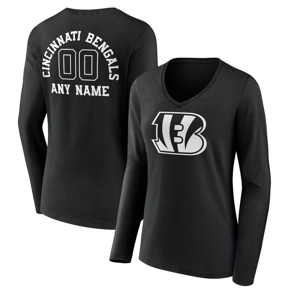 Women's Personalized Name & Number Monochrome Long Sleeve V-Neck T-Shirt - Cincinnati Bengals T-shirts