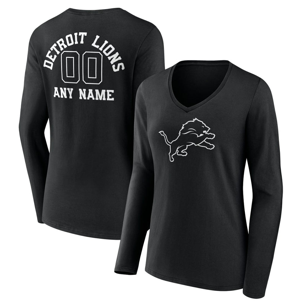Women's Personalized Name & Number Monochrome Long Sleeve V-Neck T-Shirt - Detroit Lions T-shirts