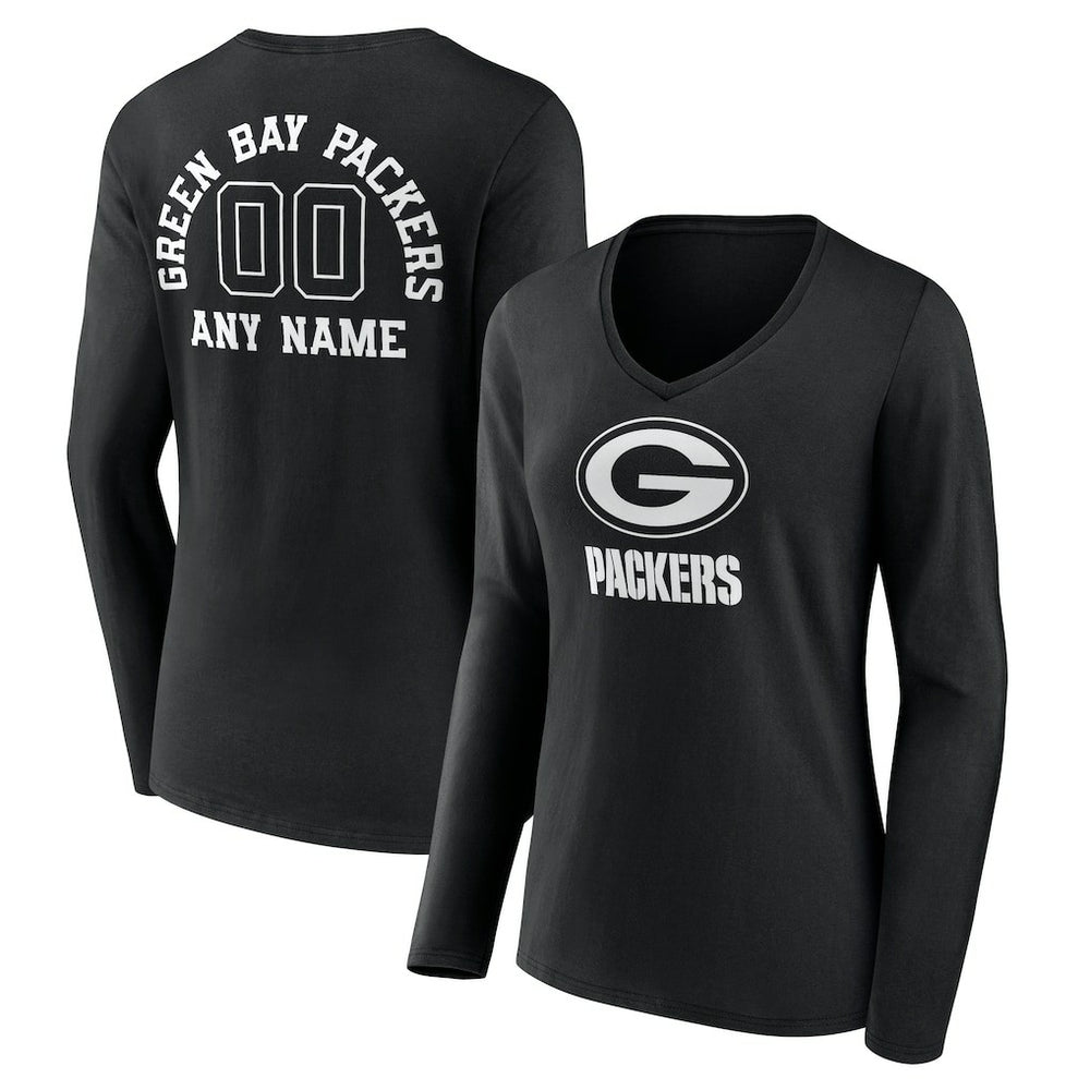 Women's Personalized Name & Number Monochrome Long Sleeve V-Neck T-Shirt - Green Bay Packers T-shirts