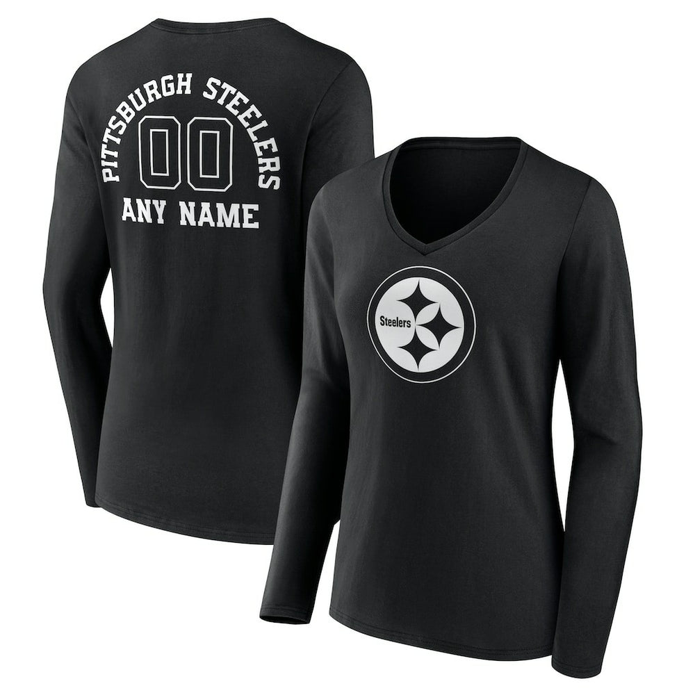 Women's Personalized Name & Number Monochrome Long Sleeve V-Neck T-Shirt - Pittsburgh Steelers T-shirts