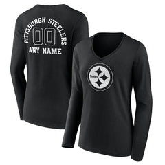 Women's Personalized Name & Number Monochrome Long Sleeve V-Neck T-Shirt - Pittsburgh Steelers T-shirts