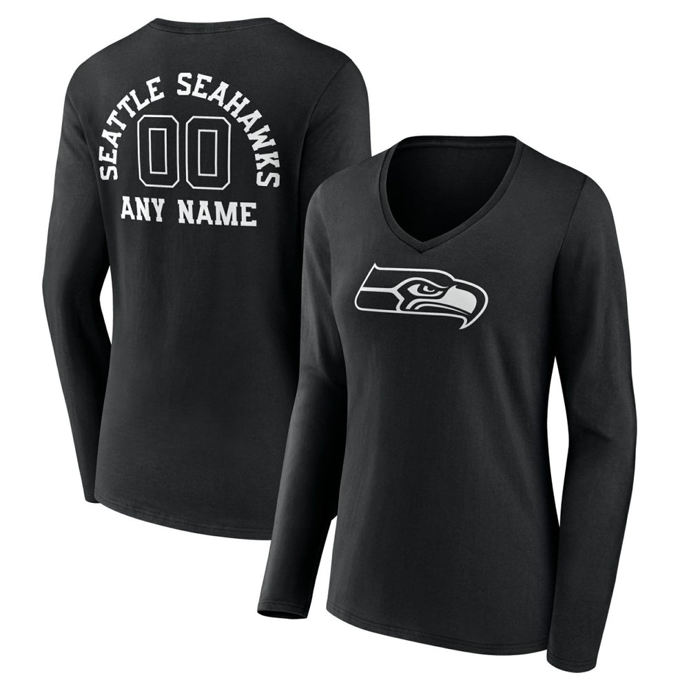 Women's Personalized Name & Number Monochrome Long Sleeve V-Neck T-Shirt - Seattle Seahawks T-shirts