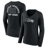 Women's Personalized Name & Number Monochrome Long Sleeve V-Neck T-Shirt - Seattle Seahawks T-shirts