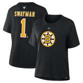 NHL Jeremy Swayman Boston Bruins Fanatics Women's Authentic Stack Name & Number T-Shirt