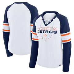 White/Navy Houston Astros Fanatics Women's Blitz Package Raglan Lace-Up V-Neck Long Sleeve T-Shirt