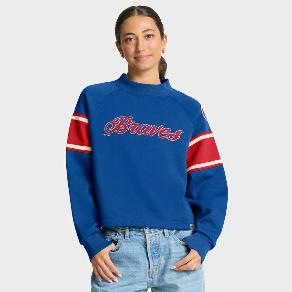 Royal Atlanta Braves Fanatics Women's Oversized Toss Sweep Raglan Pullover Sweatshirt