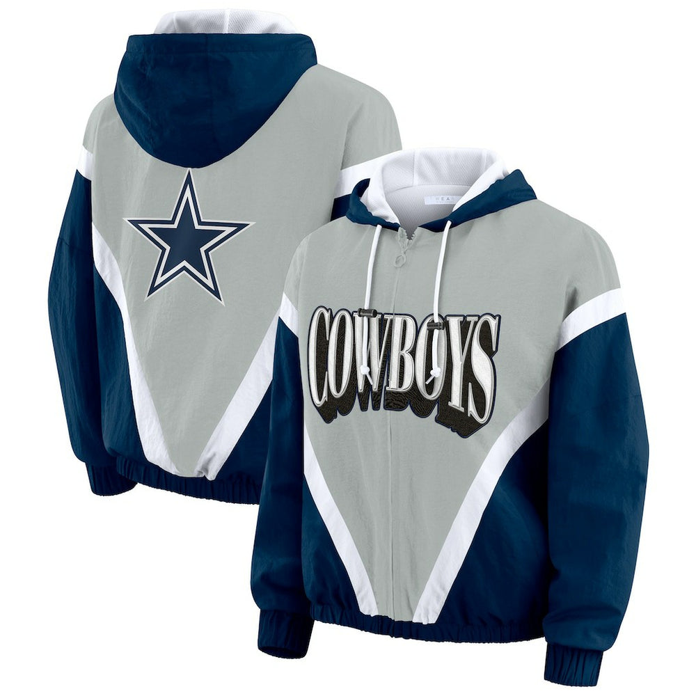 WEAR by Erin Andrews Women's Plus Size Retro Crinkle Full-Zip Hoodie Windbreaker Jacket - Dallas Cowboys Hoodies