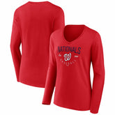 Red Washington Nationals Women's Live For It Long Sleeve V-Neck T-Shirt