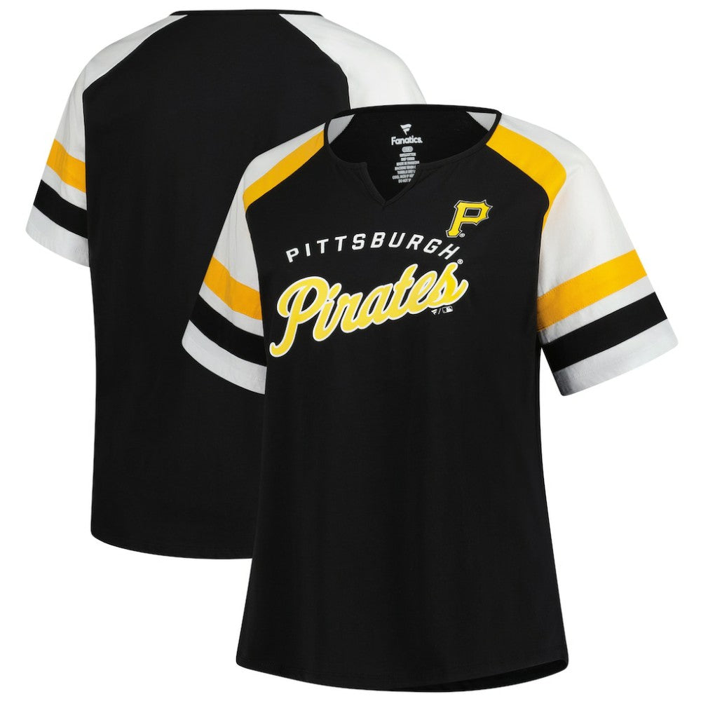 Black Pittsburgh Pirates Profile Women's Plus Sized Arched Notch Neck T-Shirt