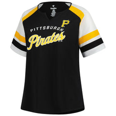 Black Pittsburgh Pirates Profile Women's Plus Sized Arched Notch Neck T-Shirt
