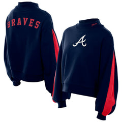 Navy Atlanta Braves New Era Women's Mock Neck Balloon Sleeve Sweatshirt