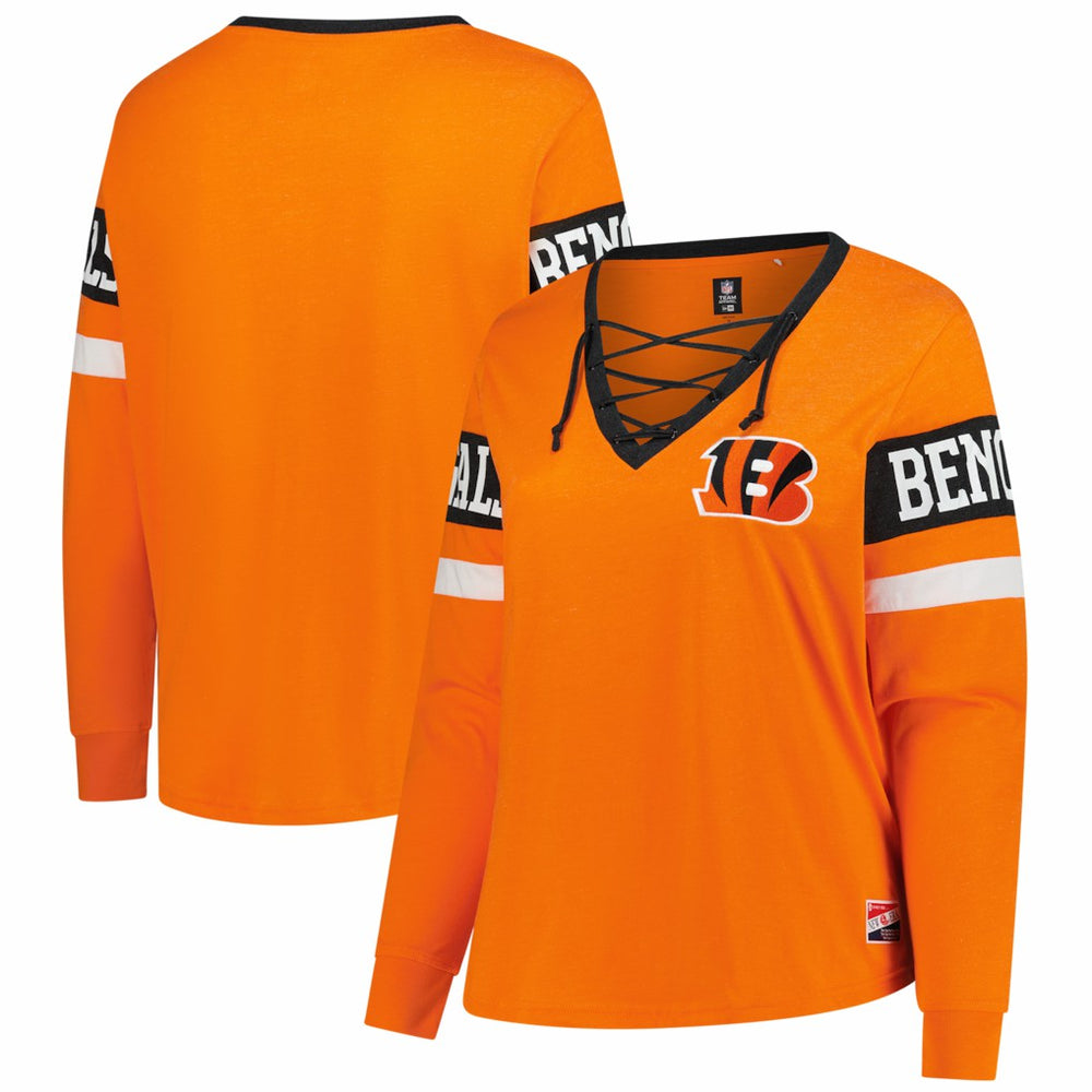 Women's Plus Size Throwback Lace-Up Long Sleeve T-Shirt - Cincinnati Bengals T-shirts