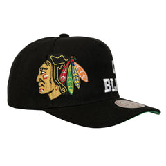 NHL Chicago Blackhawks Mitchell & Ness Busted Logo Wordmark Wrap Around Pro Pinch Adjustable Hat