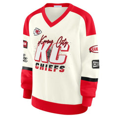 WEAR by Erin Andrews Women's Racing Crew V-Neck Sweatshirt - Kansas City Chiefs Sweatshirts