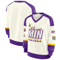 WEAR by Erin Andrews Women's Racing Crew V-Neck Sweatshirt - Minnesota Vikings Sweatshirts