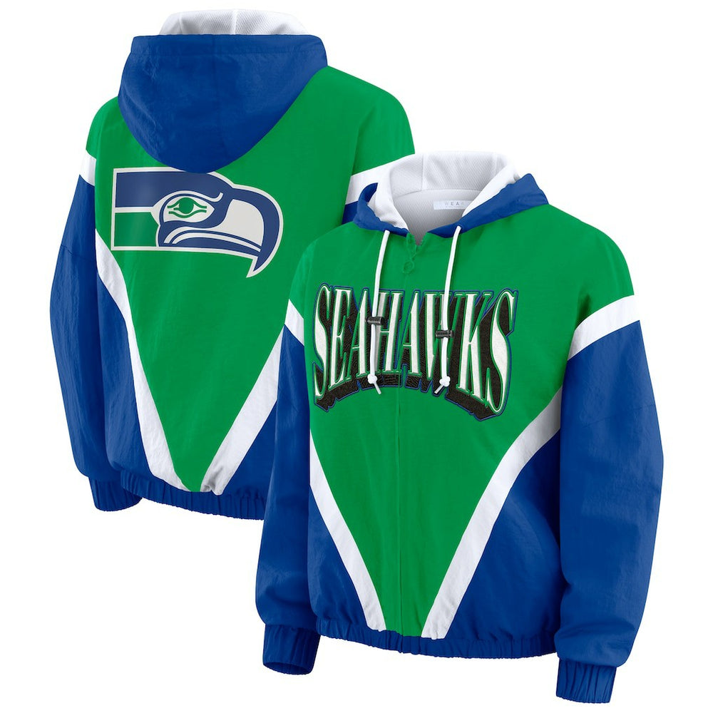 WEAR by Erin Andrews Women's Plus Size Retro Crinkle Full-Zip Hoodie Windbreaker Jacket - Seattle Seahawks Hoodies