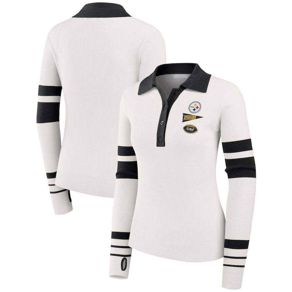 WEAR by Erin Andrews Women's Ribbed Henley Polo Sweater - Pittsburgh Steelers