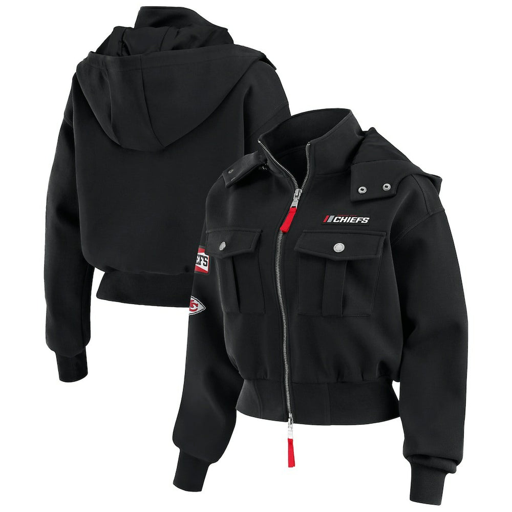 WEAR by Erin Andrews Women's Tri-Blend Patch Pocket Cropped Full-Zip Bomber Hoodie Jacket - Kansas City Chiefs Hoodies