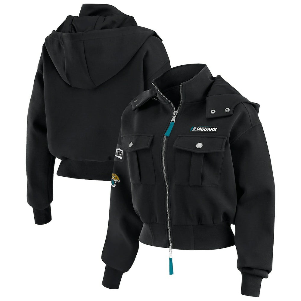 WEAR by Erin Andrews Women's Tri-Blend Patch Pocket Cropped Full-Zip Bomber Hoodie Jacket - Jacksonville Jaguars Hoodies