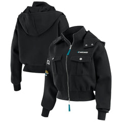 WEAR by Erin Andrews Women's Tri-Blend Patch Pocket Cropped Full-Zip Bomber Hoodie Jacket - Jacksonville Jaguars Hoodies