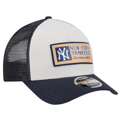 Stone/Navy New York Yankees New Era Text A-Frame Trucker 9FORTY Hat