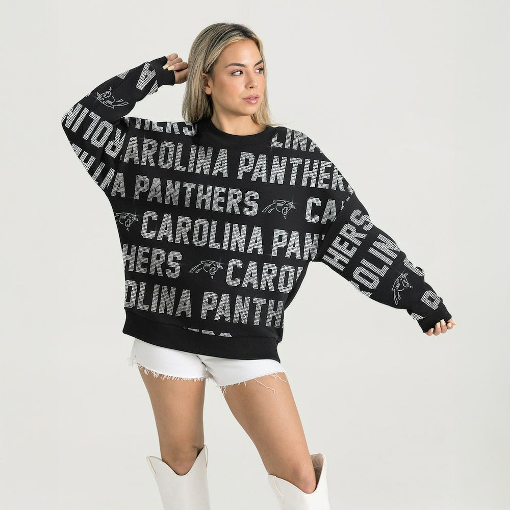 Gameday Couture Women's Oversized Hype Era Rhinestone Text Sweatshirt - Carolina Panthers Sweatshirts