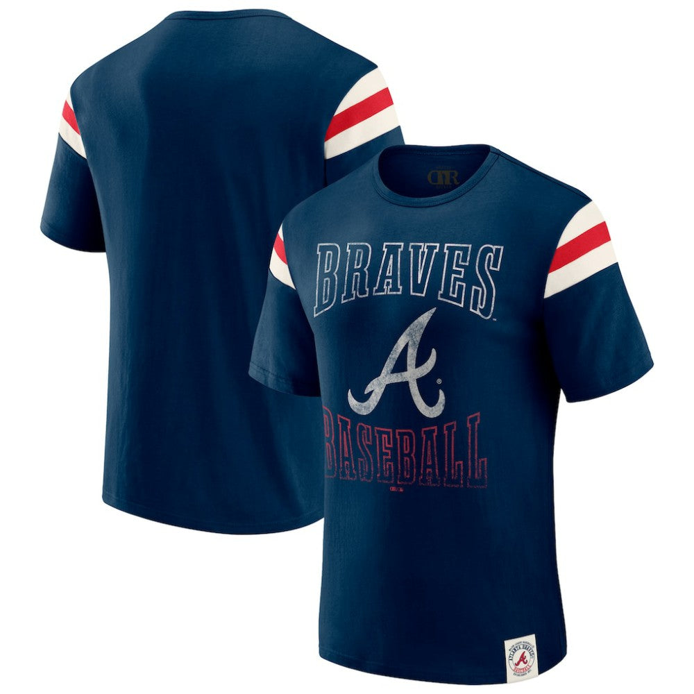 Navy Atlanta Braves Darius Rucker Collection by Fanatics Distressed Sleeve Stripe T-Shirt
