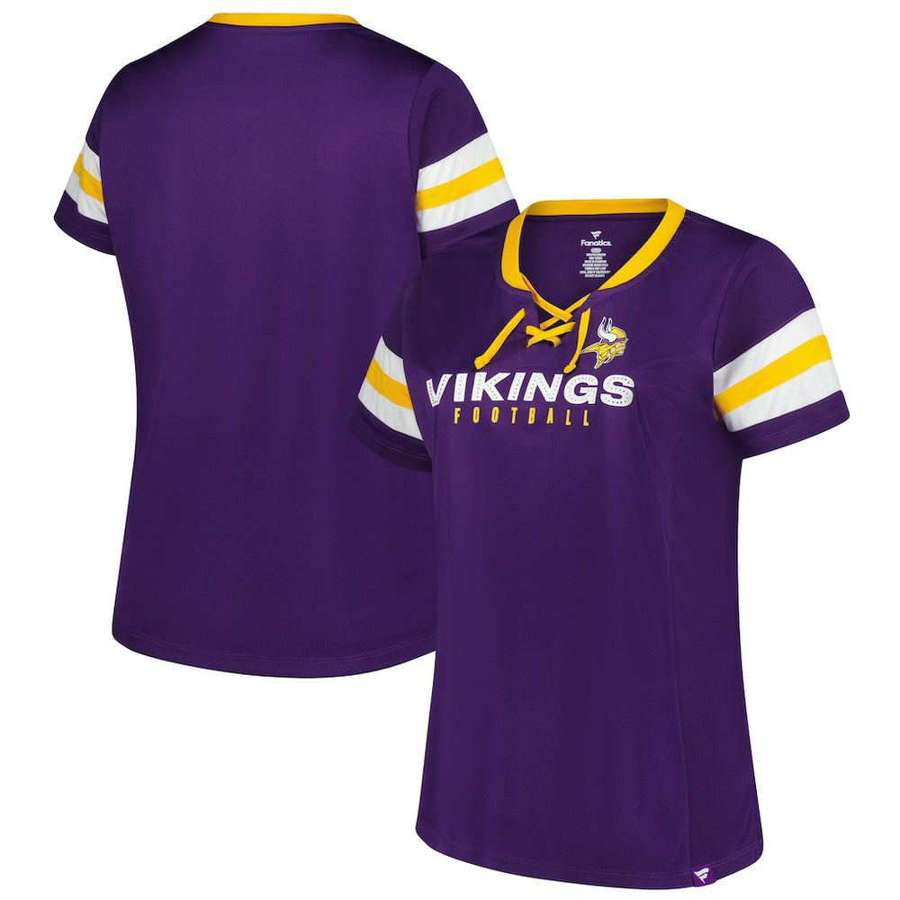 Women's Plus Size Rhinestone Redzone Athena Lace-Up Notch Neck T-Shirt - Minnesota Vikings T-shirts