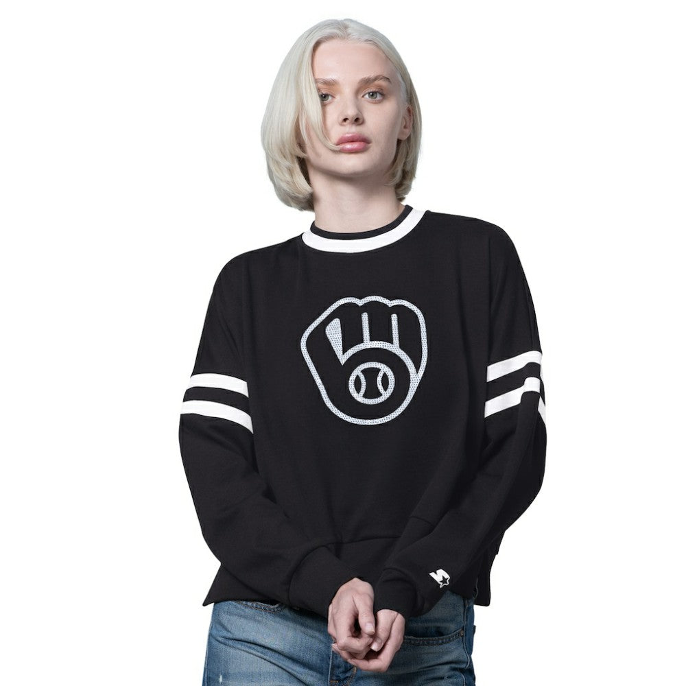 Black Milwaukee Brewers Starter Women's Rally Cropped Drop Shoulder Crewneck Sweatshirt