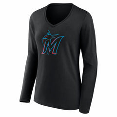 Black Miami Marlins Women's Logo Long Sleeve V-Neck T-Shirt