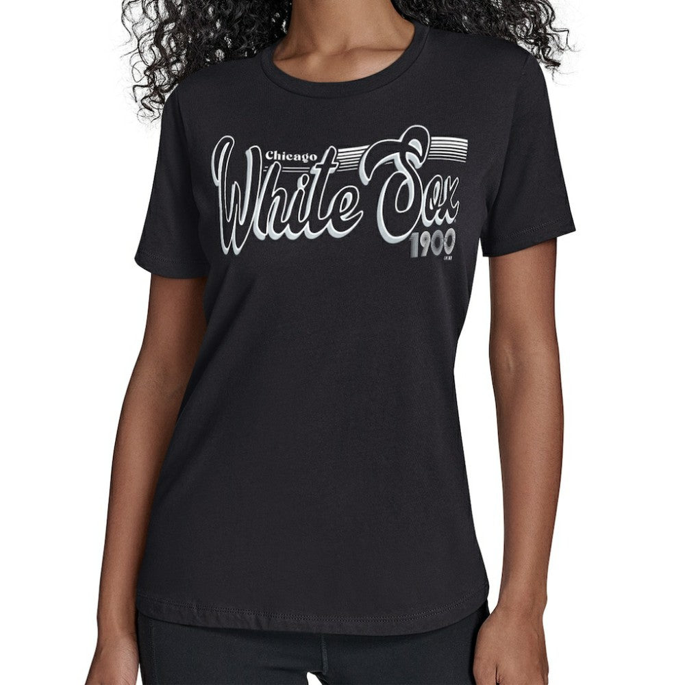 Black Chicago White Sox Starter Women's Groovy Script Team Fitted T-Shirt