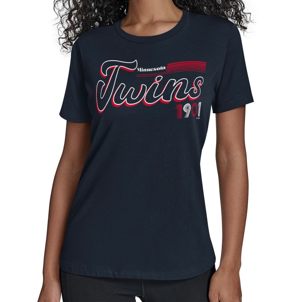 Navy Minnesota Twins Starter Women's Groovy Script Team Fitted T-Shirt