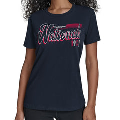 Navy Washington Nationals Starter Women's Groovy Script Team Fitted T-Shirt