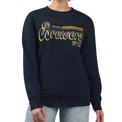 Navy Milwaukee Brewers Starter Women's Groovy Script Team Fleece Pullover Sweatshirt
