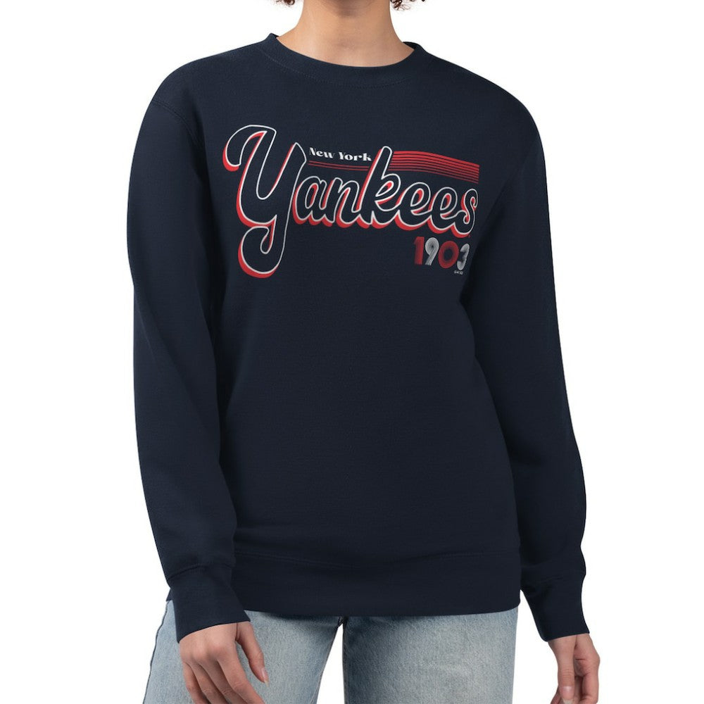Navy New York Yankees Starter Women's Groovy Script Team Fleece Pullover Sweatshirt