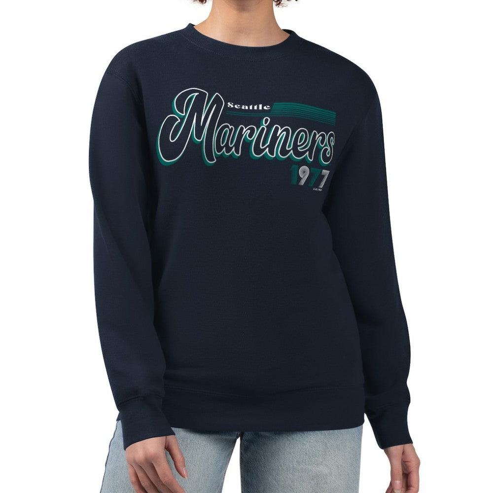 Navy Seattle Mariners Starter Women's Groovy Script Team Fleece Pullover Sweatshirt
