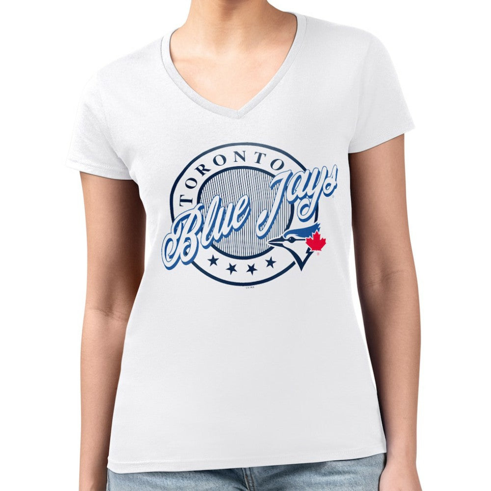 White Toronto Blue Jays G-III 4Her by Carl Banks Women's Super-Slim Fit Lightweight Pinstripe Circle V-Neck T-Shirt
