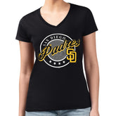 Black San Diego Padres G-III 4Her by Carl Banks Women's Super-Slim Fit Lightweight Pinstripe Circle V-Neck T-Shirt