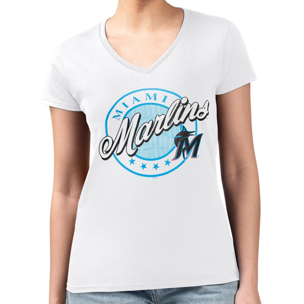 White Miami Marlins G-III 4Her by Carl Banks Women's Super-Slim Fit Lightweight Pinstripe Circle V-Neck T-Shirt