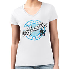 White Miami Marlins G-III 4Her by Carl Banks Women's Super-Slim Fit Lightweight Pinstripe Circle V-Neck T-Shirt