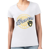White Milwaukee Brewers G-III 4Her by Carl Banks Women's Super-Slim Fit Lightweight Pinstripe Circle V-Neck T-Shirt