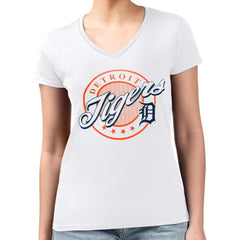 White Detroit Tigers G-III 4Her by Carl Banks Women's Super-Slim Fit Lightweight Pinstripe Circle V-Neck T-Shirt